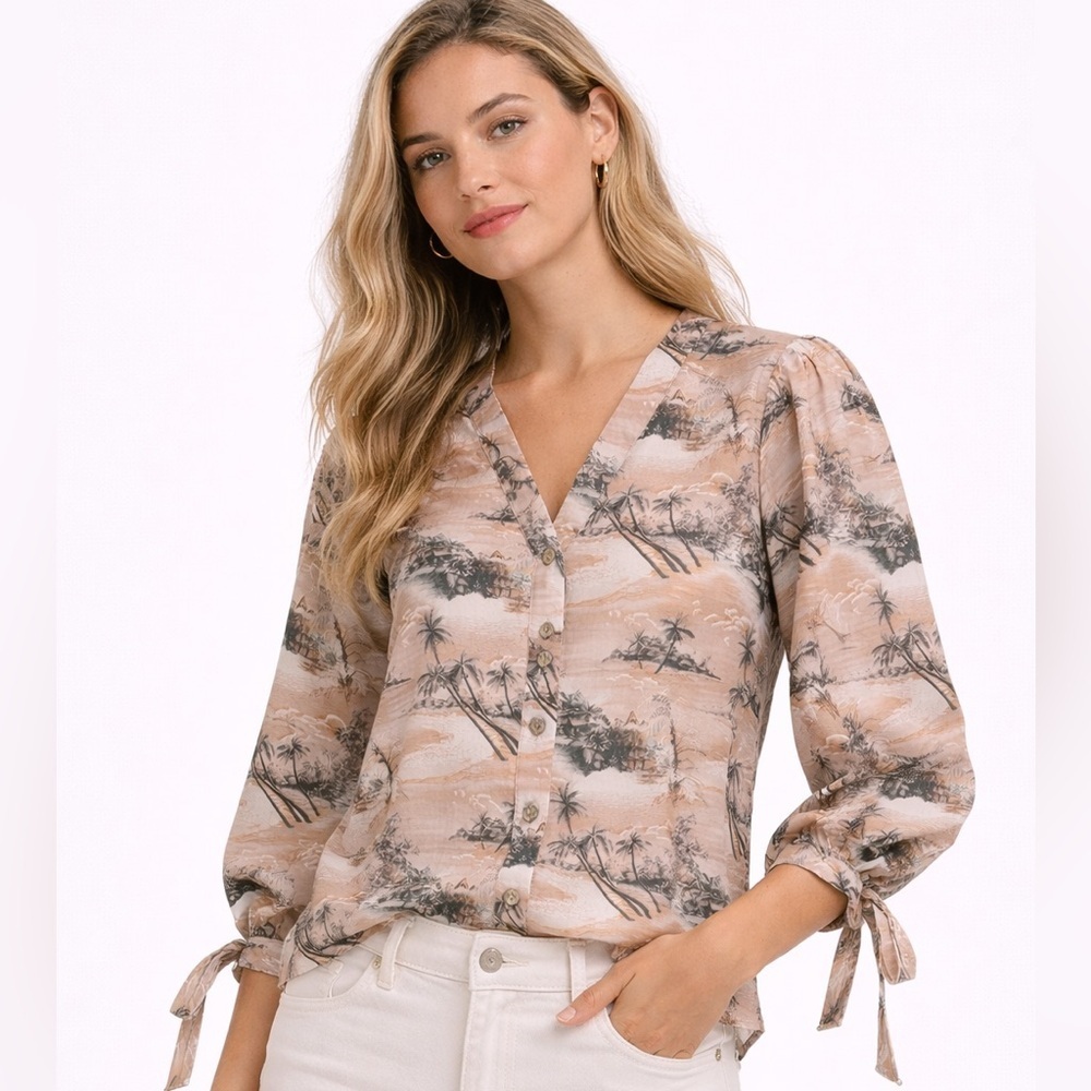 Cara Cara Win Top Tropical Palm Print Cotton Tie Sleeve Blouse Small